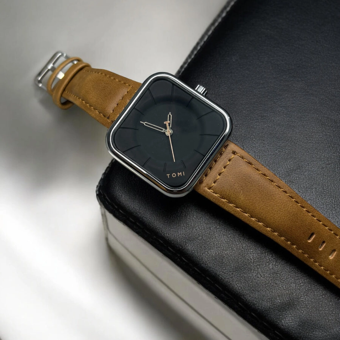 TOMI-T093-Leather-Straps-Waterproof-Wrist-Watch-for-Men-Brown-With-Silver-Dial-with-Brown-Pins-5 TOMI watch with dark brown leather strap - Image 1